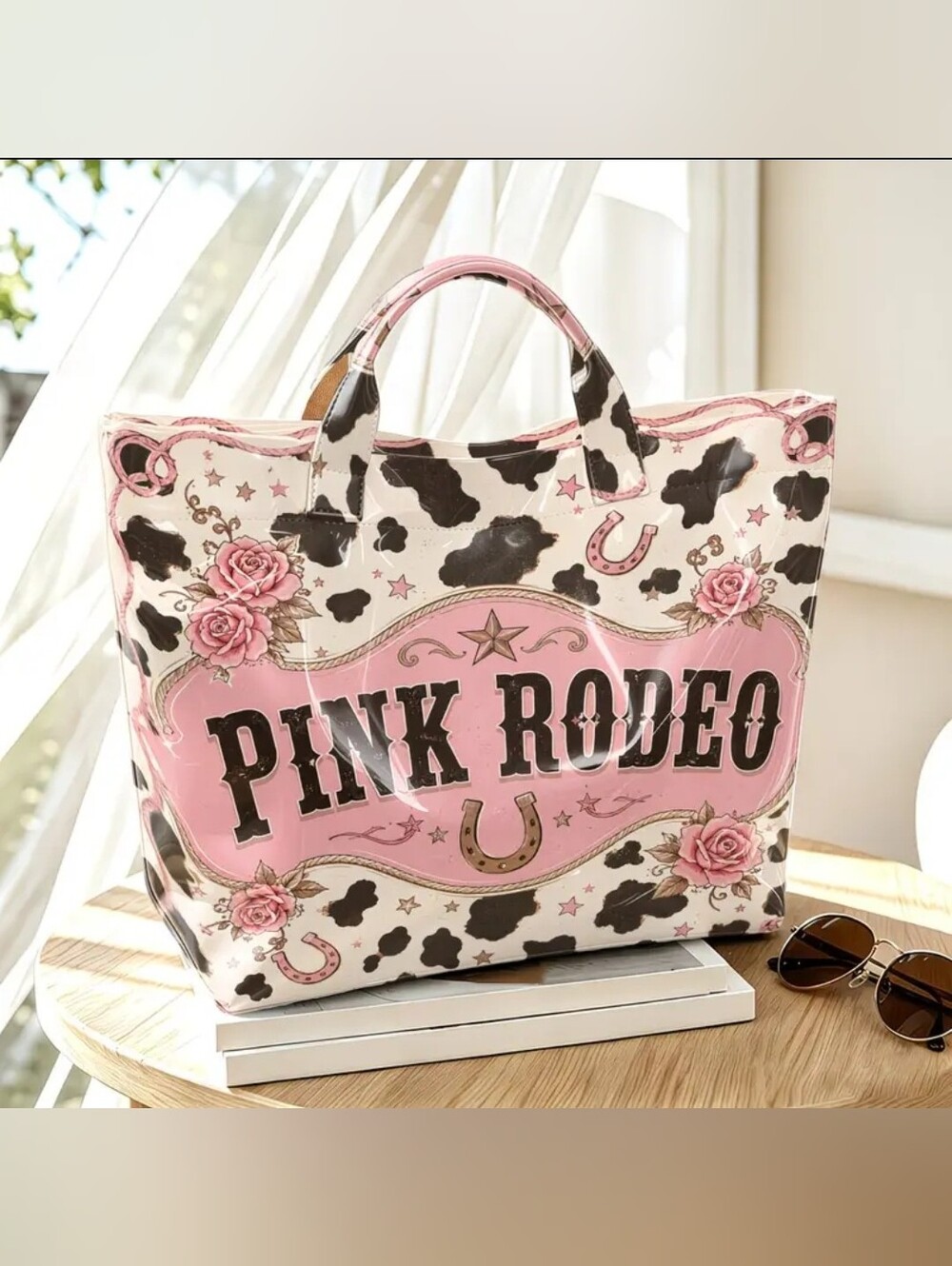 Women Westwrn Pink Cow Print Large PVC Daily Commute Bag